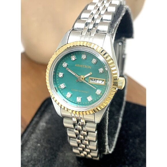 Armitron Women's Watch 75/2475 Green Dial Day Date Quartz Two Tone Steel 25mm - Picture 1 of 14